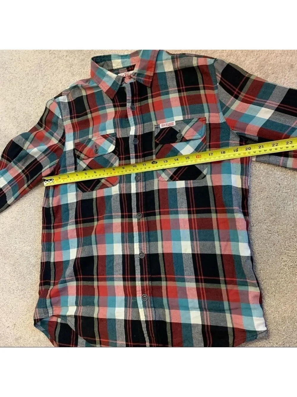 TRUE Religion red teal plaid check flannel fleece button down shirt size 8